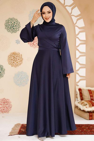 Neva Style Rochie de seară hijab din satin bleumarin 6157l