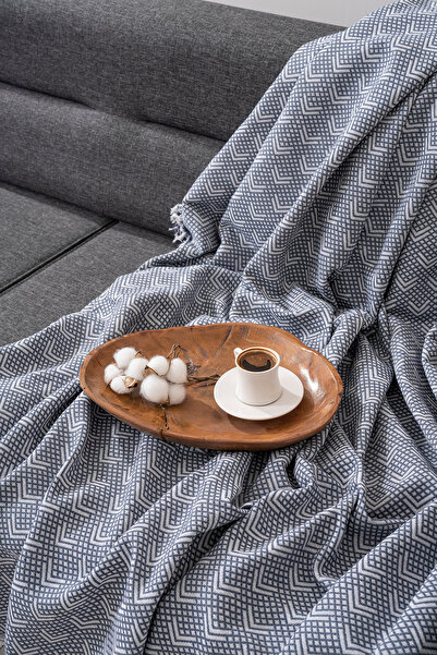 Magu Doğal Pamuklu Gri Geometrik Desenli Dokuma Koltuk Örtüsü