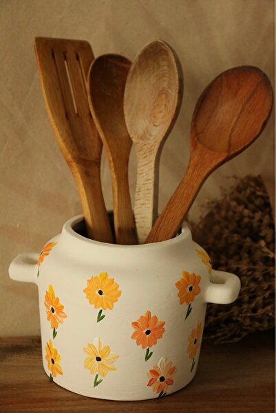 Hoyatap Mini Boy Turuncu Büyük Çiçekli Kulp Detaylı Dekoratif Vazo & Kaşıklık