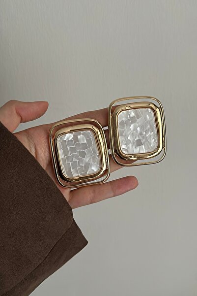 Okko Store Beyaz Mineli Büyük Kareli 2'Li Küpe