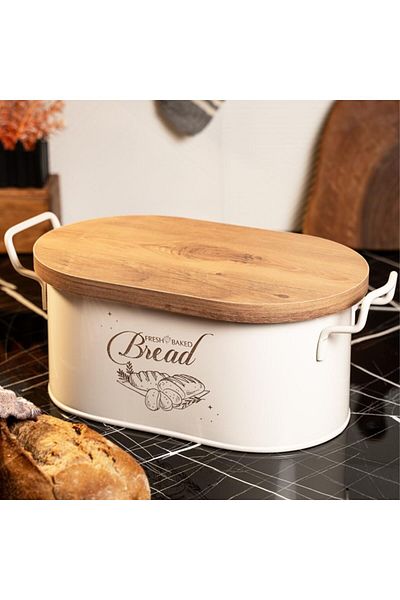 STOREMAX Sellbuystore Metal Wooden Lid Metal Bread Bowl with Wire Handle (Bread Printed) Ln1293K 1053513