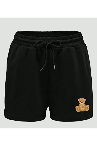 caddekombin Γυναικείο σορτς με στάμπα αρκουδάκι με τσέπες βερμούδας με κορδόνι και κανονική εφαρμογή σε μαύρο χρώμα