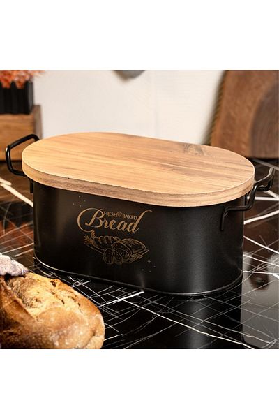 STOREMAX Sellbuystore Metal Wooden Lid Metal Bread Bowl with Wire Handle (Bread Printed) Ln1293S 1053513