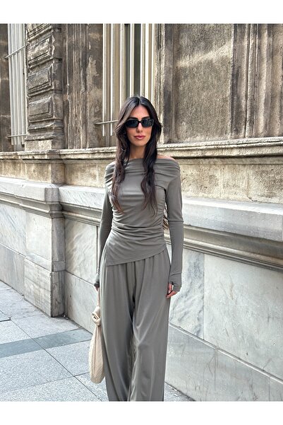 bymaestro woman Women's Draped Asymmetrical Modal Blouse Pants Set