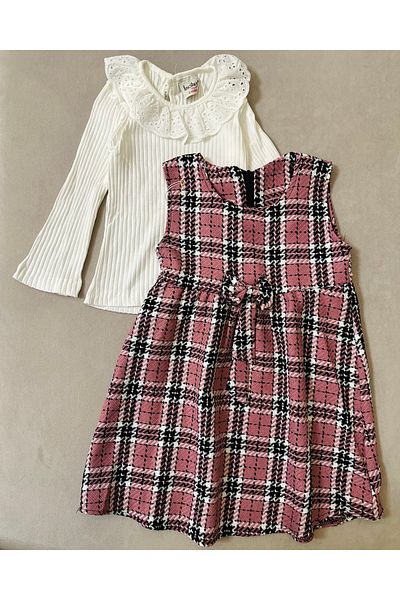 SANTRALBEBE Rochie gilet pentru fete în carouri cu guler festonat