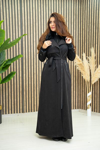 zümrüt moda Long Suede Coat with Fur Collar Detail1630