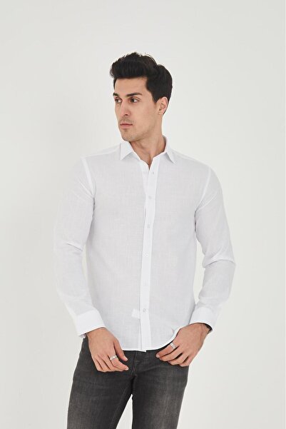 jack carisma Ανδρικό πουκάμισο από βαμβακερό λινό με υφή WHITE-SLIM FIT