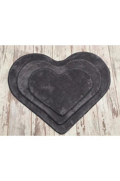 Dokumacıoğlu Elite Heart Model 3-Pece Anthracite βελούδινο χαλί μπάνιου Σετ πατάκι μπάνιου Αντιολισθητικό σετ καθίσματος τουαλέτας