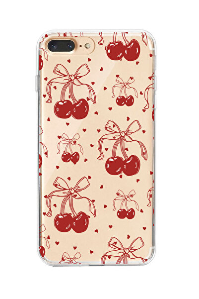 moonset Iphone 7 Plus / 8 Plus Uyumlu Kiraz ve Kalpler Tasarımlı Baskılı Şeff...