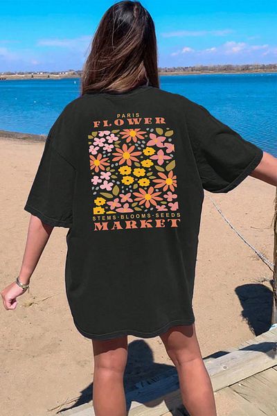uyguntarz Μπλουζάκι με στάμπα λουλουδιών Paris Unisex Oversize