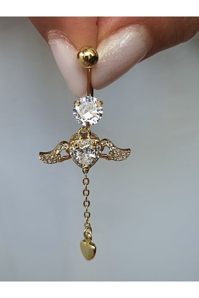 kurukafagift Steel Angel Winged Zircon Stone Heart Long Belly Piercing