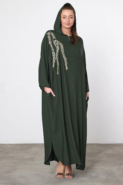 AYASOFYA OTANTIK Γυναικείο χακί κέντημα με λεπτομέρεια με φερμουάρ και γιακά με κουκούλα Oversize Loose Plus Size Φόρεμα