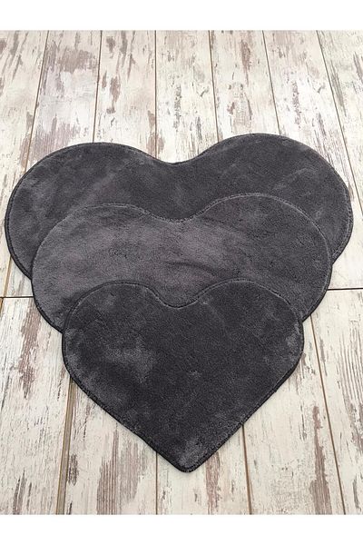 Dokumacıoğlu Elite Heart Model 3-Pece Anthracite βελούδινο χαλί μπάνιου Σετ πατάκι μπάνιου Αντιολισθητικό σετ καθίσματος τουαλέτας