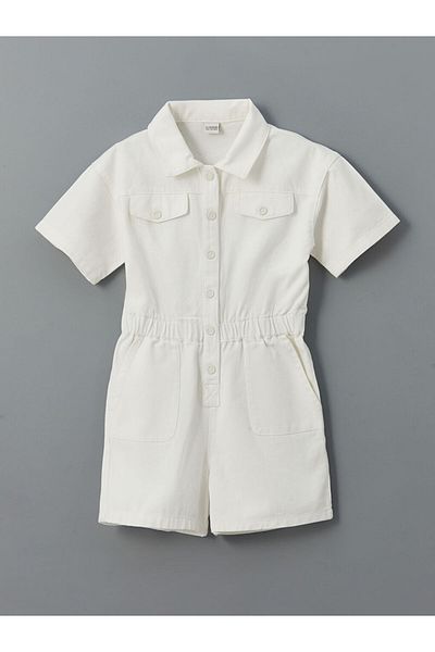 LC Waikiki New Season Shirt Collar Short Sleeve Girl's Jean Jumpsuit - S5L262Z4