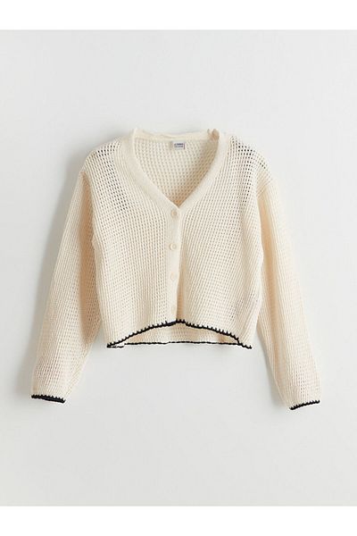 LC Waikiki LCW Kids V-Neck Openwork Girl's Knitwear Cardigan