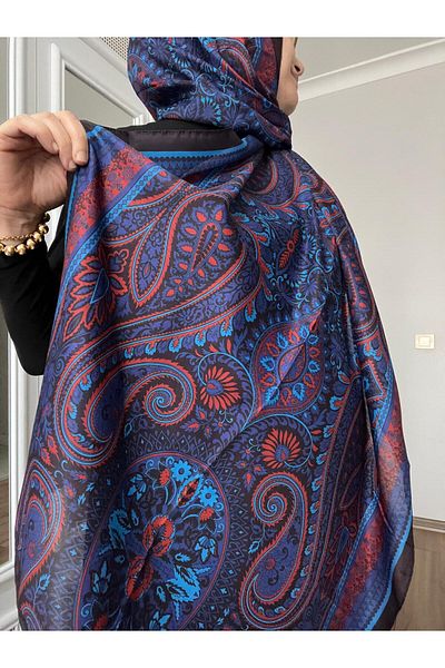 AMİNENESİL Aminenesil Ethnic Pattern Soft Cotton Shawl Saks Blue Red Color