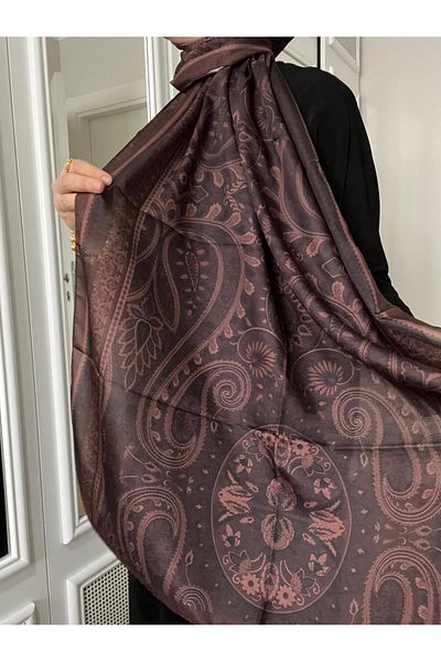 AMİNENESİL Aminenesil Ethnic Pattern Soft Cotton Shawl Dark Plum Color