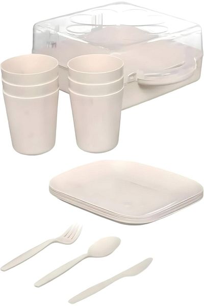 STOREMAX Lvnshop - Cream Color Camping Picnic Set: Fork Spoon, Knife, Plate, Cup and Storage Box