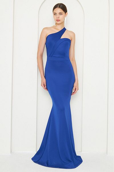 vuvutasarım Вечерна рокля Saks Blue с гъвкав плат с кръстосана яка и презрамка 582211