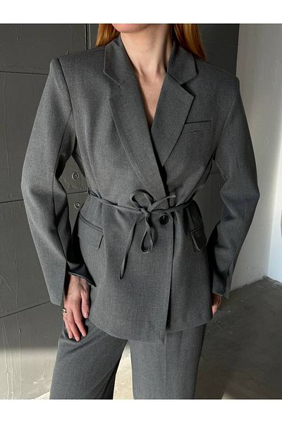 Zey Studio Women's Black Single Button Sleeves Slit Belt Detailed Blazer Jacket