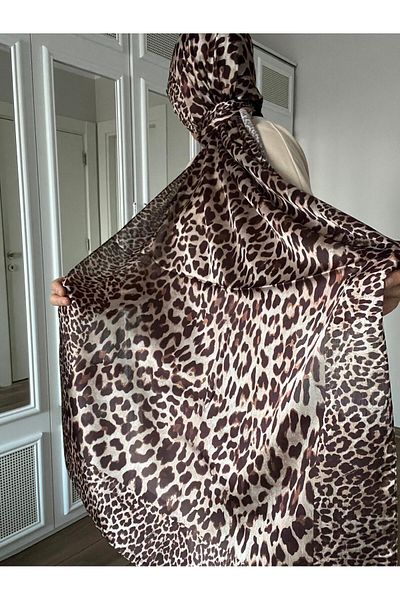 AMİNENESİL Brown Leopard Print Silk Satin Shawl - Aminenesil