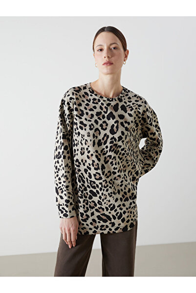 LC Waikiki Stylish and elegant beige crew neck leopard print Oversized women'...