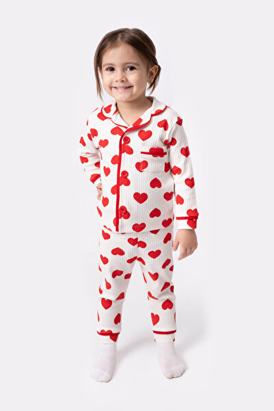 Bolly Baby KIZ BEBEK VE ÇOCUK PİJAMA TAKIMI KRUVAZE YAKA BÜYÜK KALP BASKILI DÜĞME DETAYLI