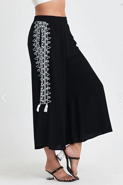 AYASOFYA OTANTIK Women's Black Ethnic Authentic Embroidered Elastic Waist Loose Pacal Pants