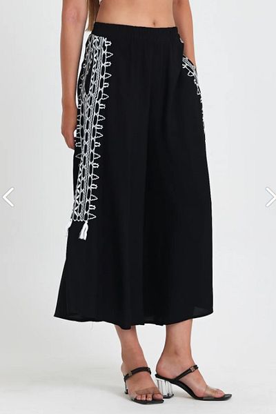 AYASOFYA OTANTIK Women's Black Ethnic Authentic Embroidered Elastic Waist Loose Pacal Pants