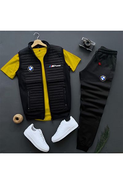 NewCabin Vestă și pantaloni de sport matlasați cu imprimeu BMW Mpower - Set tricou 3 piese