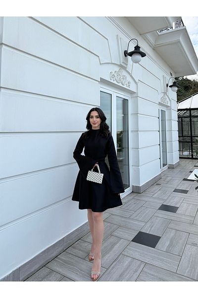 BEYZATURAN Alya Black Dress - Long Slit Flared Skirt and Sleeves with Dormitory Detail
