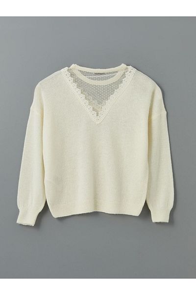 LC Waikiki Lcwaikiki Classic Crew Neck Lace Detail Oversize Women's Knitwear Sweater