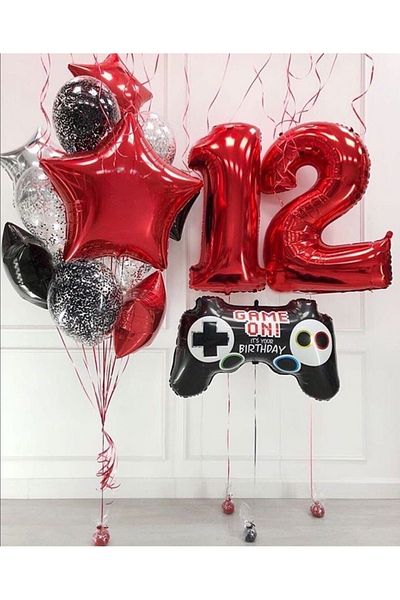 CUGY Red 12 Year Old Birthday Balloon Set with Game Handle Figure