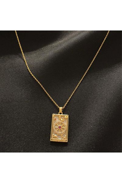 Zeyn Wheel of Fortune Tarot Gold Steel Necklace-45 cm