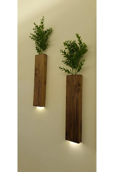 MSAĞWOODS 2 Li Lüks Peri Ledli Ahşap Çiçeklik Dekoratif Aydınlatma Balkon Dek...