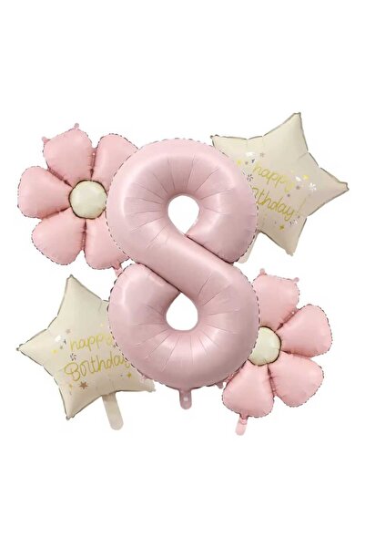DÜVENCİ TİCARET New Pink Daisy Flower Foil Balloons Star Foil Age Balloon Set