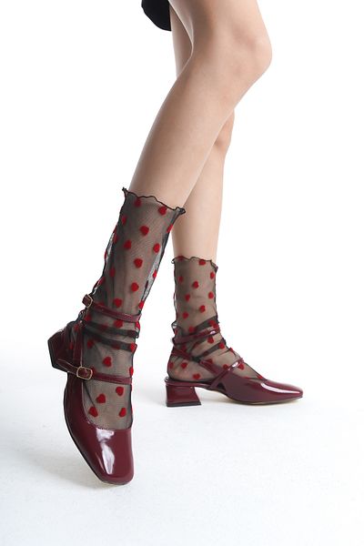 BAKGİY Claret Red Patent Leather Women's Double Buckle Ankle Strap Low Heel Shoes BG1184-119-0001