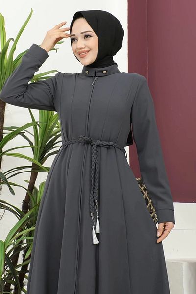Nevayla Moda Auger Belted Woven Fabric Seasonal Mevlana Ferace - Anthracite / F0131