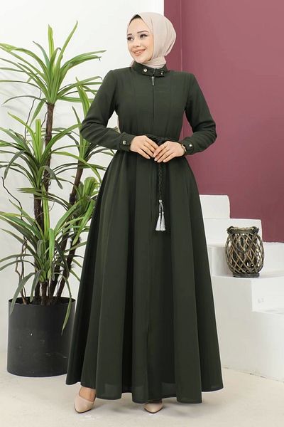 Nevayla Moda Auger Belted Woven Fabric Seasonal Mevlana Ferace - Khaki / F0131
