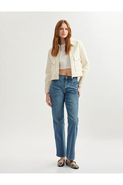 Koton Long Sleeve Zip-Up Double Breasted Short Jacket with Flap Pocket Detail