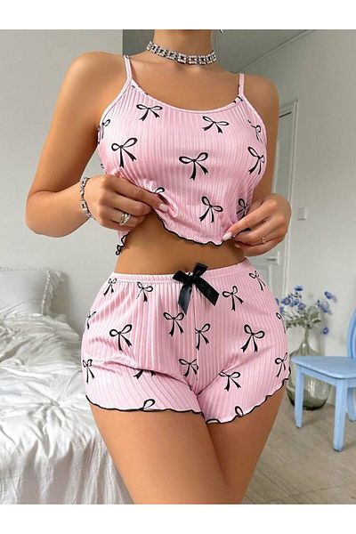 MEYLİYA Black Strap Shorts Set - Ribbon Camisole