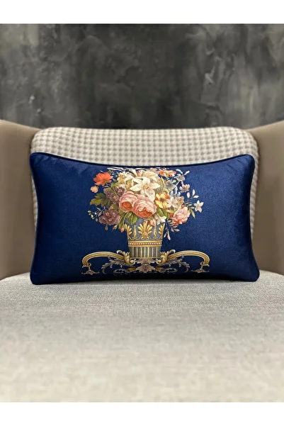 Fabricland غطاء وسادة من الحرير المخملي المستورد بنمط دمشقي أزرق داكن مقاس 30 × 50 سم (نمط مزدوج الجوانب)