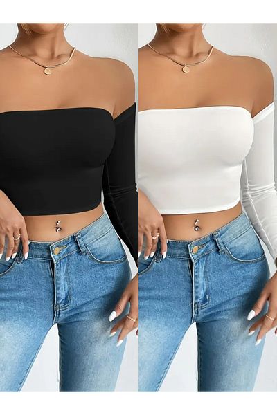 Olyssia 2-Pack Black-White Madonna Collar Crop Blouse - Stretchy Strapless, Diving Fabric