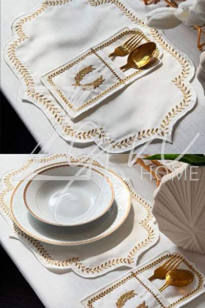 ZGNHome طقم تقديم أمريكي ذهبي مطرز مكون من 19 قطعة لـ 6 أشخاص