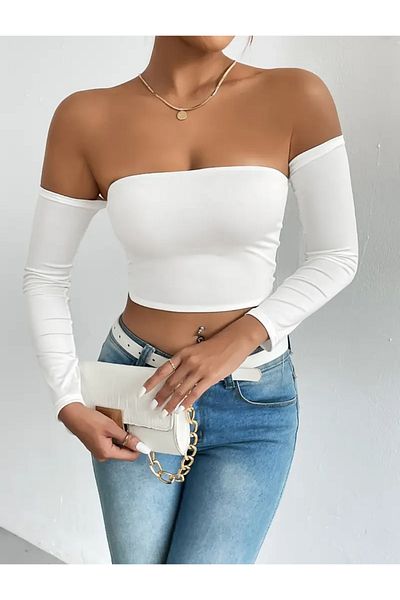 Olyssia 2-Pack Black-White Madonna Collar Crop Blouse - Stretchy Strapless, Diving Fabric
