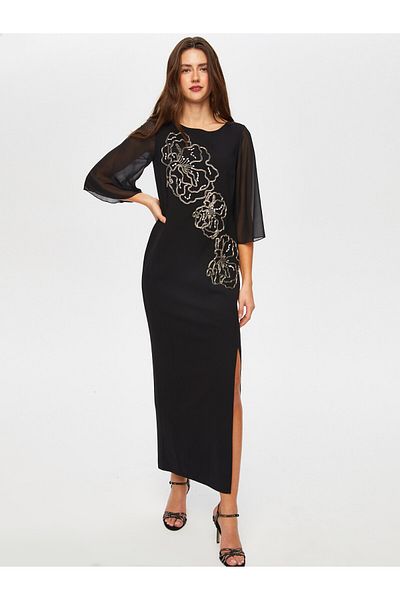 Faik Sönmez Beading and Stone Embroidered Chiffon Sleeves Long Evening Dress 008