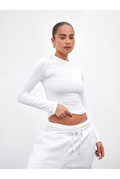 LUMİZA Μακρυμάνικη μπλούζα με στρογγυλή λαιμόκοψη, απαλή στην αφή, λευκή