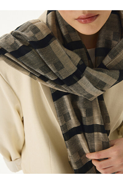 FENZA SCARF %40 İpek %60 Yün Desenli Omuz Şalı - Bej