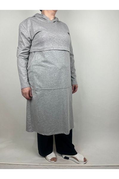 YAŞAR TRİKO Women's Gray Robe Two Side Whole Pocket Hooded Long Sleeve Two Thread Tunic