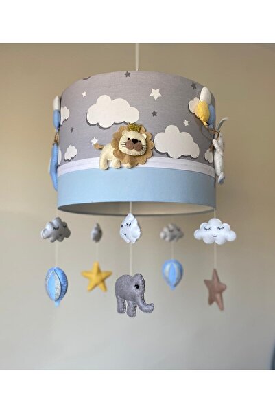 Leobabyroom Gri Bulutlu Beyaz Şeritli Mavi Renk Karışık Renk Hayvan Figürlü Çocuk / Bebek Odası Tasarım Avize